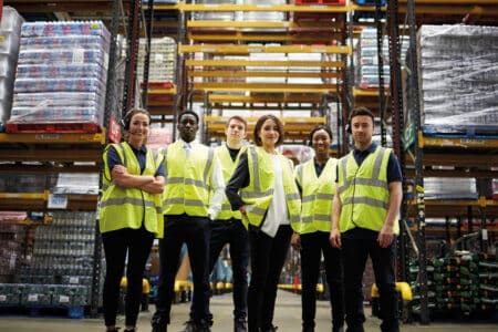 A group of people stood in a warehouse in high vis-jackets.