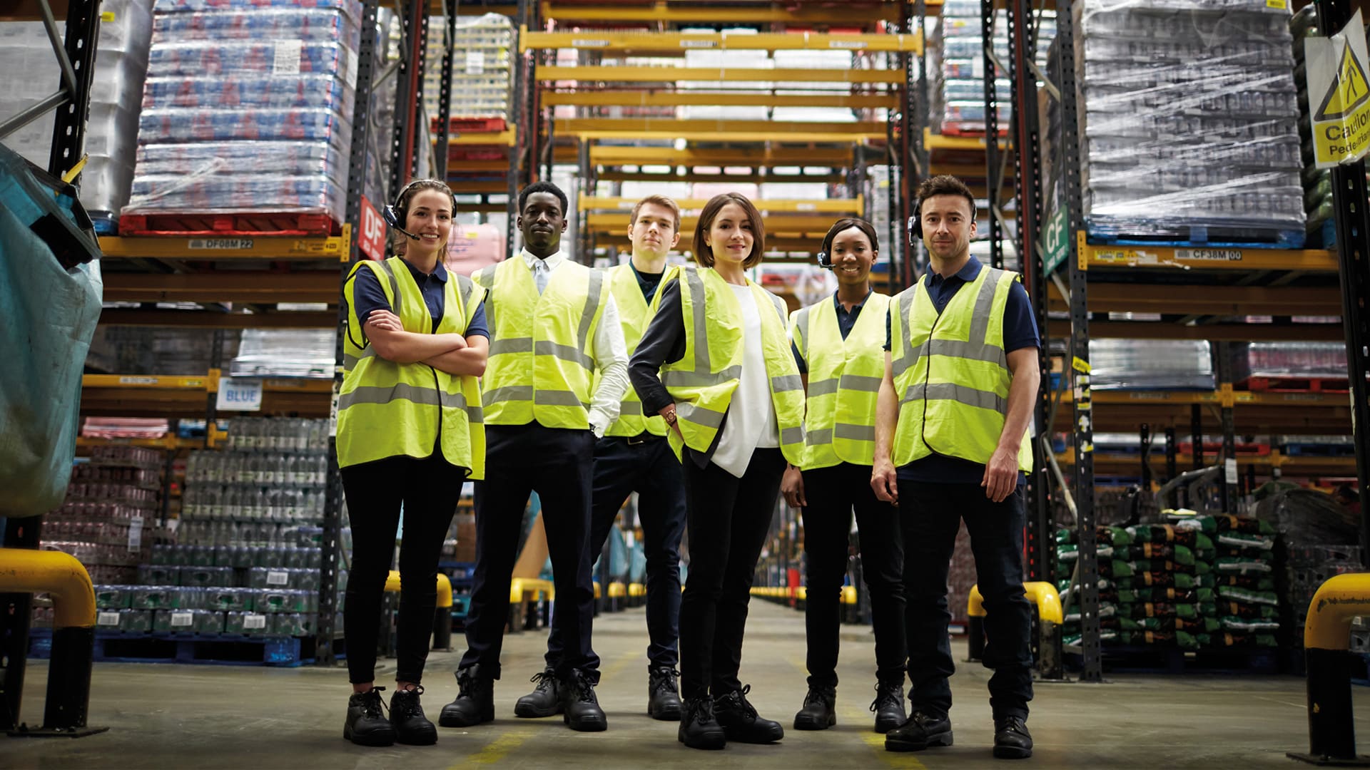 A photo of a group of people in high-vis jackets in a warehouse.