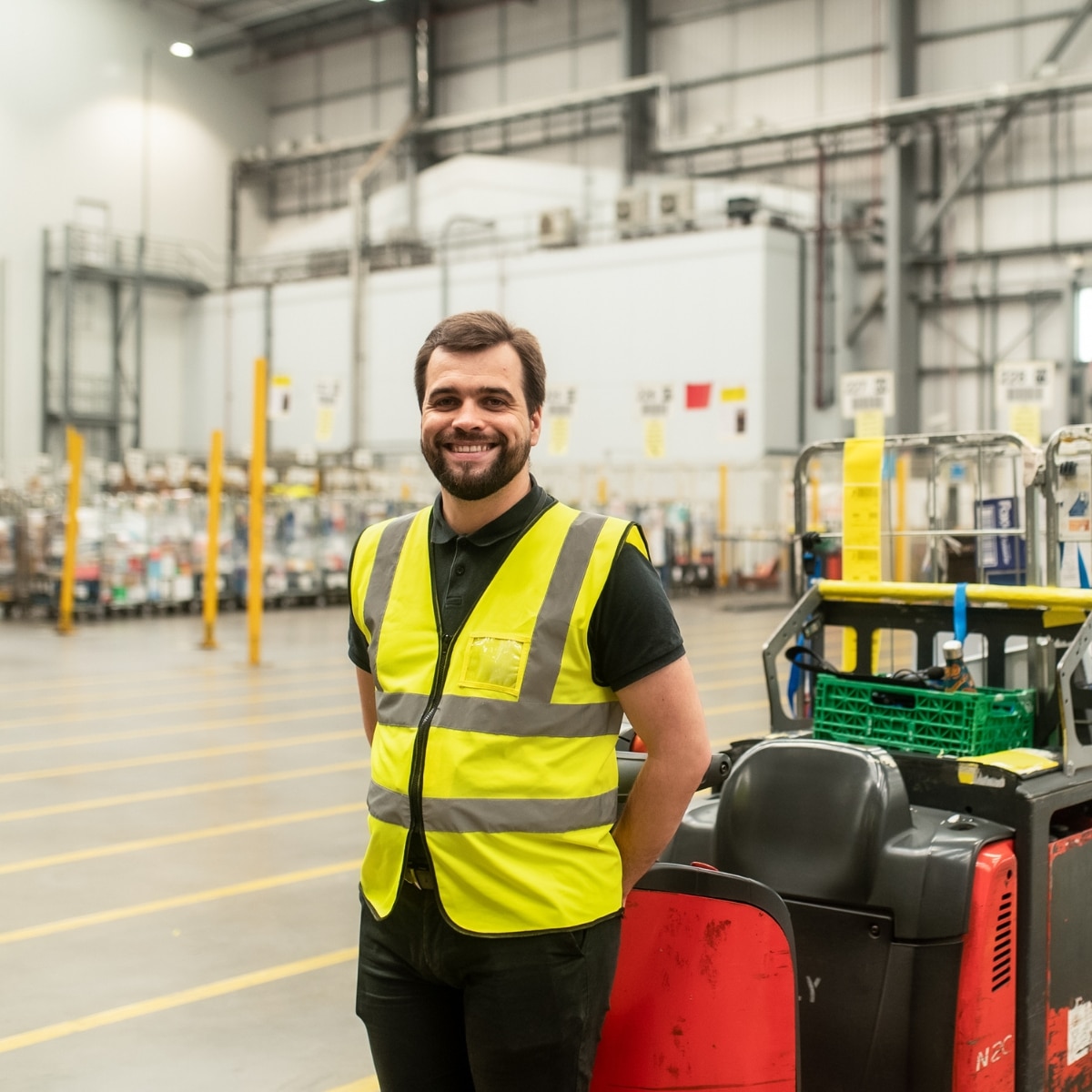 A photo of a man in a high-vis jacket in a warehouse.